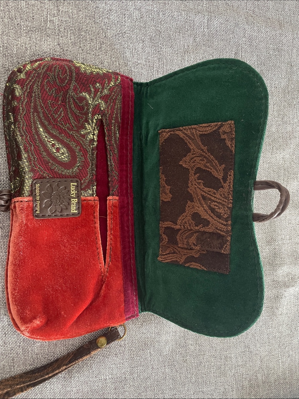 Lucky Brand Velvet Patchwork Wristlet in Green, Burgundy and Brown - Picture 4 of 6